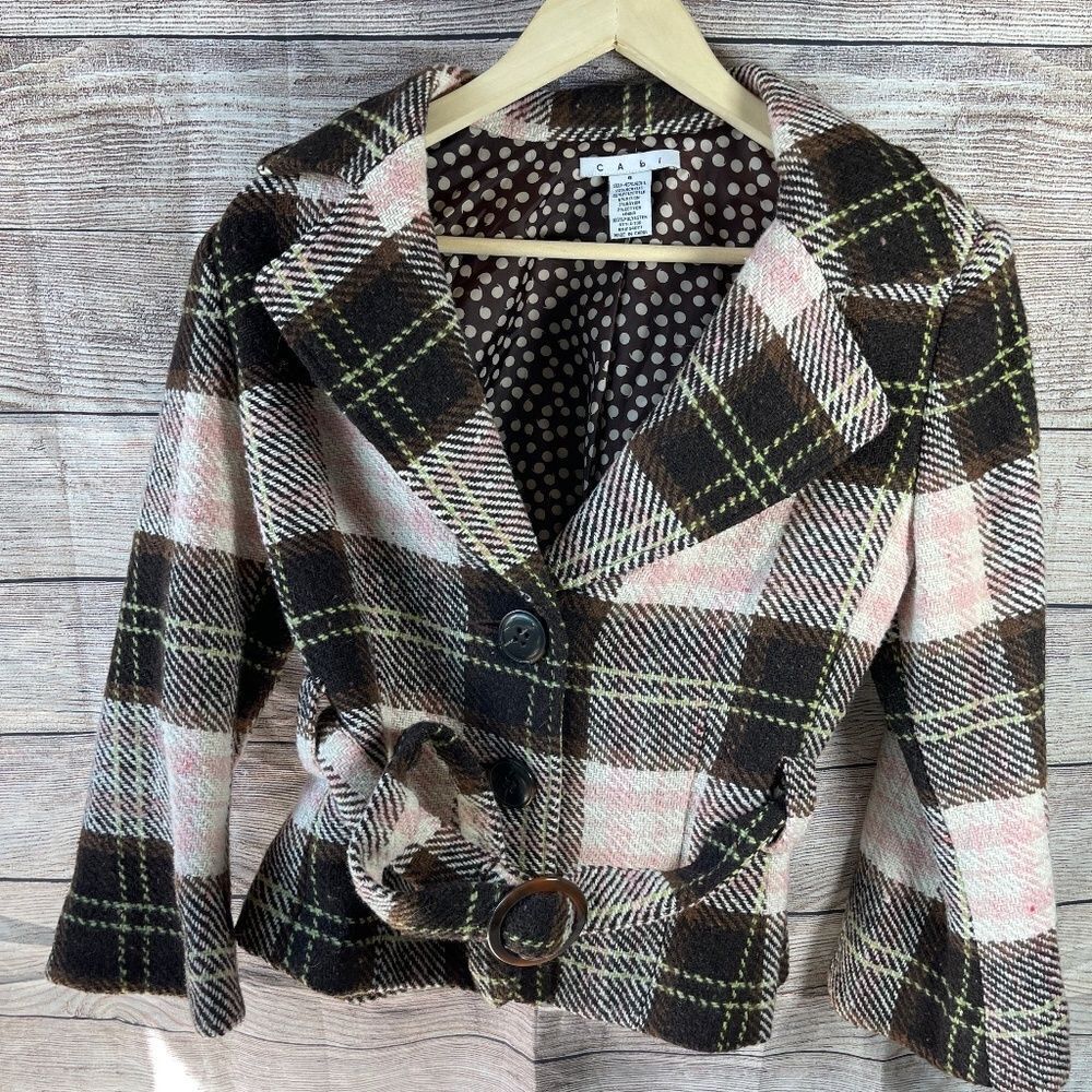 CAbi Kate Plaid Tweed Belted Jacket Style 730 Sz 8